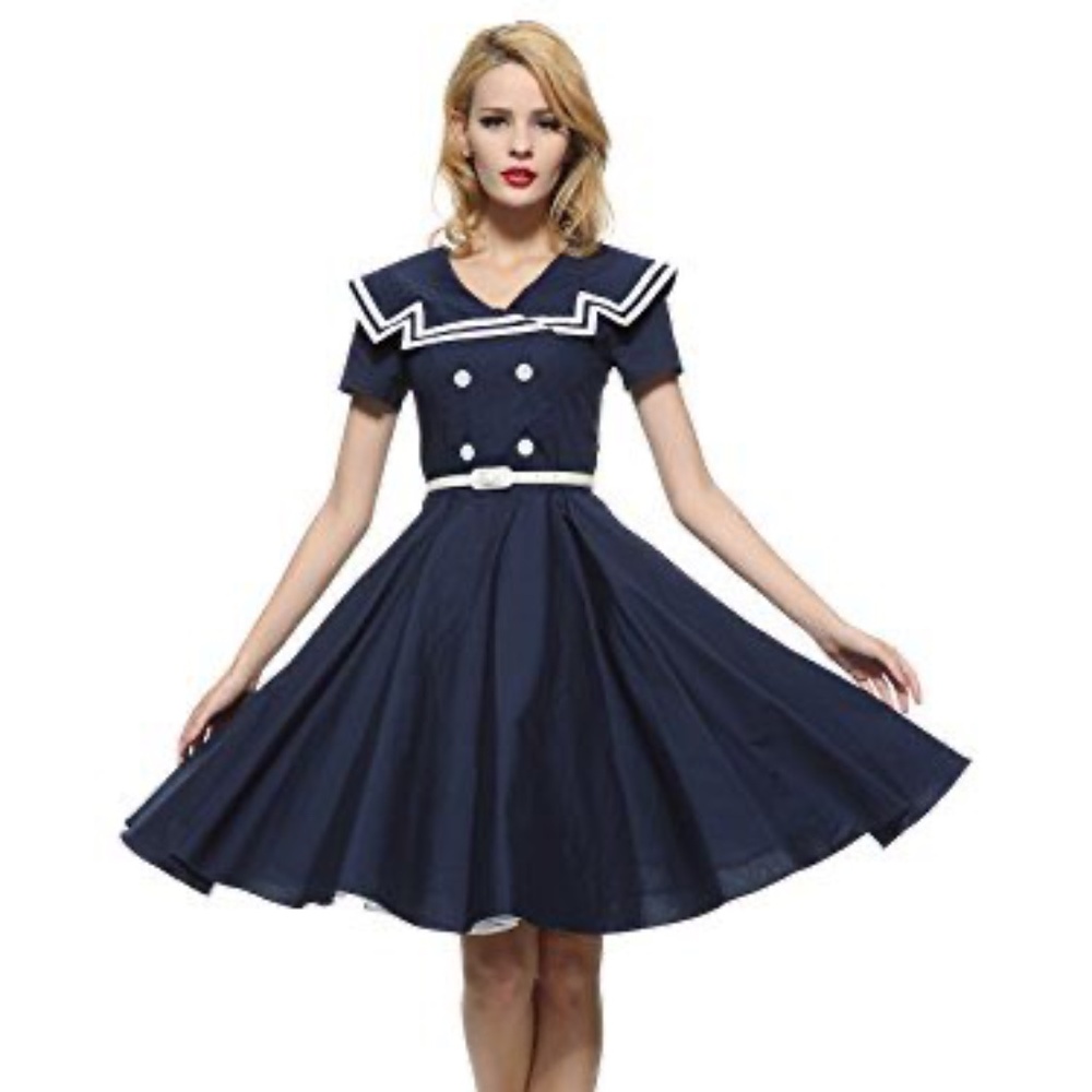 Navy Blue Rockabilly Retro Sailor Nautical Dress